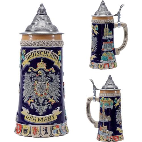 Big Beer Mug German Coats of Arms Engraved Tankard with Petwer Lid for Best Fathers Day Gifts Souvenirs 0.6 Liter
