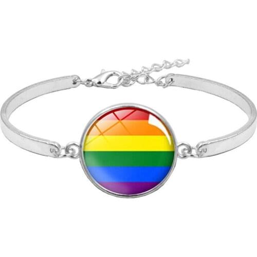 Silver Plated Gay Pride Rainbow Glass Bracelet Round Pendant Bangle Adjustable Size Fashion Jewelry Charms Bileklik Bijoux Gift