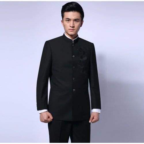 Black Chinese Tunic Suit Mens Traditional Stand Collar Suits Apec Leader Costume Male Embroidery Dragon Totem Suit Blazer 16