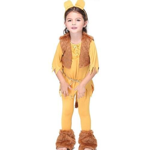 Kid Animal Lion Cosplay Dresses Pants Foot Straps Headwear Rope Vest 6Pcs Set Suit For Carnival Unisex Halloween Cosplay Costume