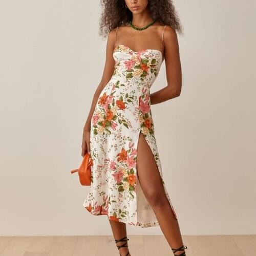 Summer womens casual flower print slim-fit suspender dress