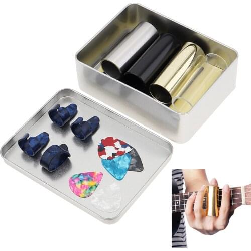 15pcs/lot Guitar Slide Picks Kits Stainless Steel Slides Thumb Finger Celluloid Guitar Picks Sticker with Box