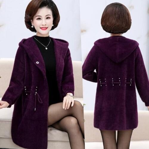 2020 New Middle-aged Women Autumn Winter Mink Cashmere Wool Coat Fashion Hooded Plus Size 6XL Outerwear Mid-Long Overcoats O93