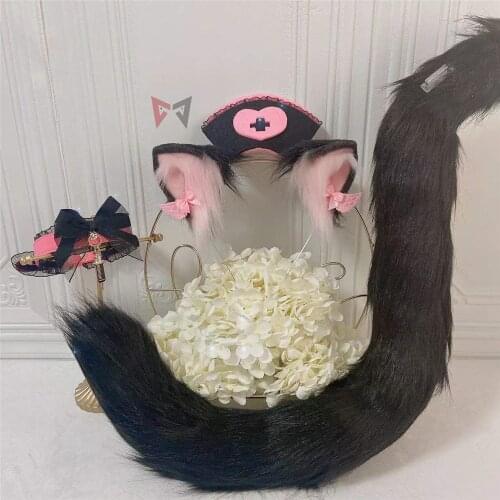 New Black Nurse Cosplay Cat Fox Neko Ears Hairhoop Angel Style Hat For Halloween Christmas Game Party Sotume Accessories