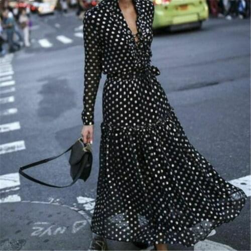 New Fashion Women Boho Chiffon Casual Summer Long Maxi Dresses Polka Dot Print Party Evening Beach Sundress