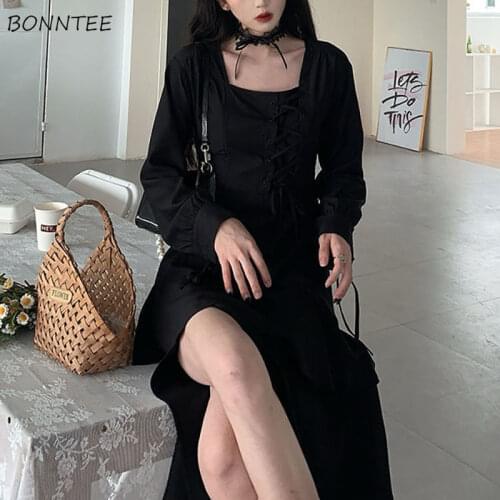 Long Sleeve Dress Women Harajuku Asymmetrical Chic Lace-up Design French Square Collar Ladies Clothing Streetwear Autumn Stylish