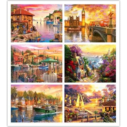 Full Square Round Diamond Painting Sunset Scenery Mosaic Embroidery City Building Landscape Home Decoration Diamond Art JX705