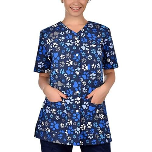 Working Nurse Uniform Blouse Sleeve Cute Cartoon Print Pocket V Neck Workwear Cloth for Women Size S-3XL медицинская форма жен