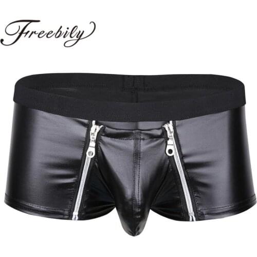 Sexy Mens Hot Exotic Lingerie Faux Leather Boxer Shorts Mens Zipper open front Soft Shorts Underwear Underpants Gay Panties