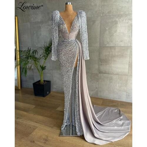 Saudi Arabia Beads V Neck Silver Evening Dresses Long Sleeves Party Gowns Mermaid 2021 Plus Size Prom Dresses Robe De Soiree