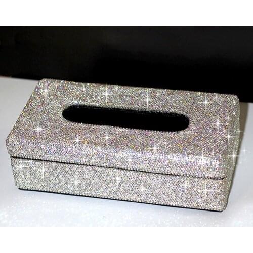 Bling Bling Luxury Women Car Paper Towels Cover Case White for Home Office Styling Use Diamond Pasted Leather Car Tissue Box