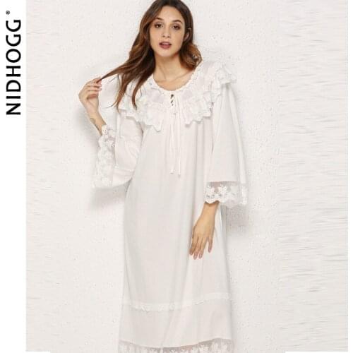 Womens Cotton Long-sleeved Sleepwear White Princess Nightdress Loose Sleep Dress Plus Size Sexy Nightwear Sleeping Dress