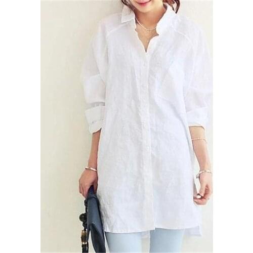 Anself Asymmetric Ladies Tops Korean Style Women Long Shirts Turn Down Collar Long Sleeve Buttons Office Casual Elegant Blouse