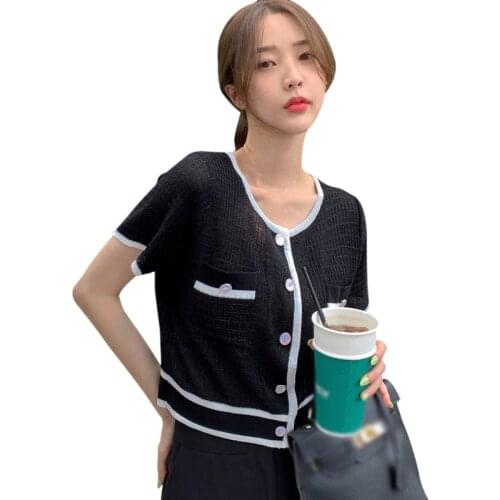 Women Knitted T-Shirts Korean Style Round Neck T-Shirt Button Short-Sleeved Summer Tee Shirt Tops