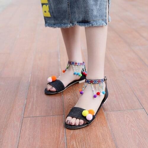 Big Size 11 12 13 14 15 16 17 summer flat sandals ladies women shoes woman Denim Ethnic Beads Button Flat Bottom Packing