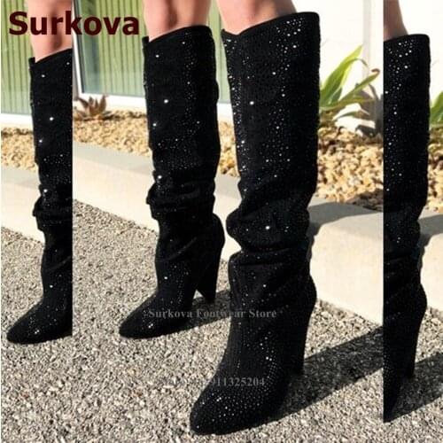 Surkova Women Black Shiny Crystal Spike Heel Boots Pointed Toe Knee High Fall Winter Dress Shoes Bling Bling Rhinestone Footwear