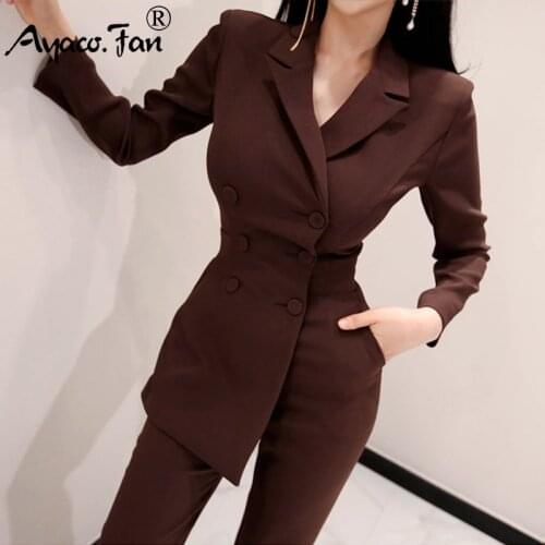 Women Fashion Jumpsuit Formal Long Sleeve Doubled Breasted Top Skinny Pockets Pant 2019 New Spring Lady Bodycon Blazers Suits