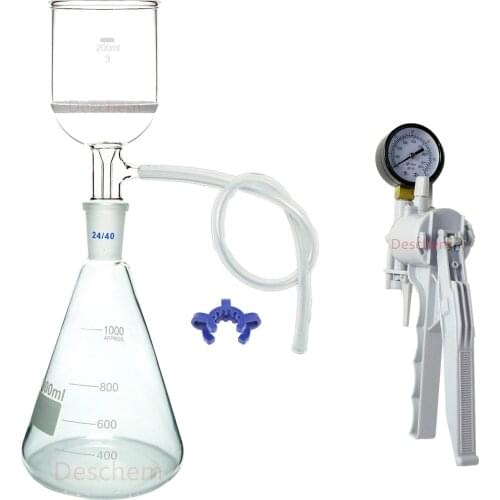 1000ml,Vacuum Suction Filter Device,200ml Buchner Funnel,1L Flask,W/Handle Pump