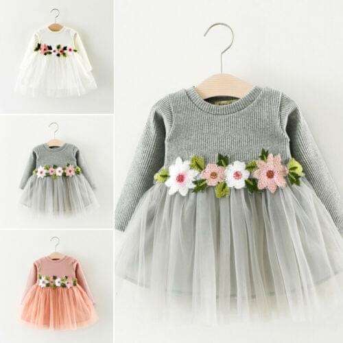 2021 Newborn Toddler Kid Baby Girl Princess Dress Long Sleeve Floral Dress Pretty Wedding Party Dress Pageant Prom Wholesale Hot