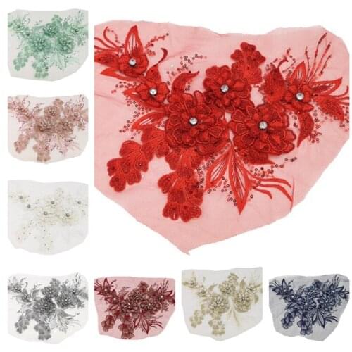 Hot 3D embroidery rhinestone sequins bead cloth stickers lace flower 5pcs diy applique clothing decoration accessories CA017