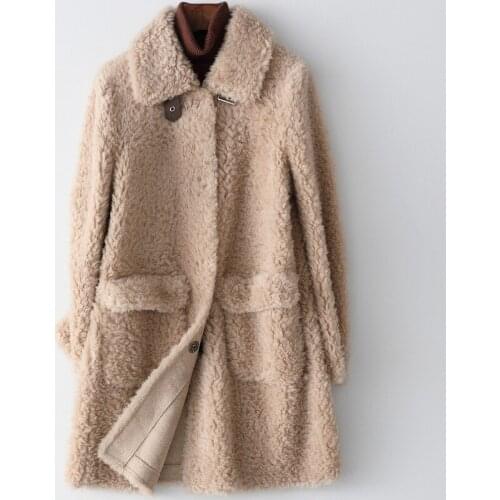 Elegant Beige Autumu Real Fur Coat 2020 New Mid-Length Jackets Warm Thick Sheep Fur Coat Winter Womens Clothing