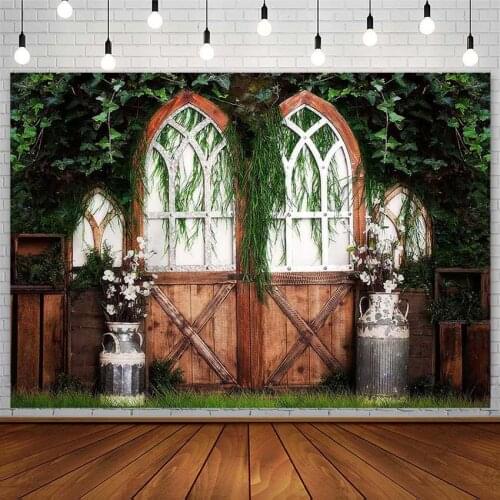 Avezano Backdrops Wood Door Green Leaf Vase White Flower Child Portrait Photography Background Studio Photozone Photophone Decor