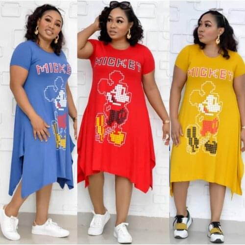 HGTE L-3XL fat MM plus size dress Short sleeve round neck irregular midi dress African Womens Cartoon Print Dress