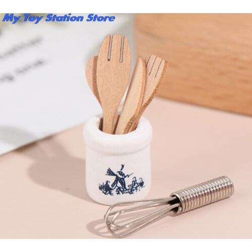 Miniatures Wooden And Fork Metal Whisk Jar Set Accessories Doll House Kitchen