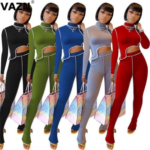 VAZN 2020 New Summer Fashion O-neck Sport Fitness Two Piece Set Sexy Solid Full Sleeve Tops Full Pant 2 Pieces Set