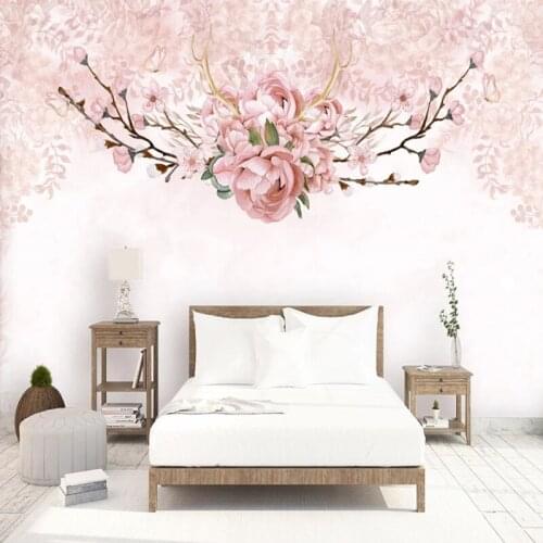 Custom 3D Nordic ins hand painted pink cherry blossom antlers background TV wall living room bedroom mural wallpaper