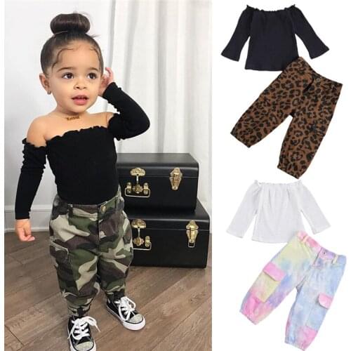 2 Pcs Baby Girls Casual Suit, Solid Boat Neck Long Sleeve Ribbing Elastic Top Leopard Camouflage Tie Dye Loose Trousers Pocket