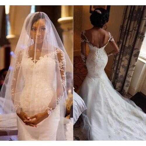 Mermaid Long Sleeve Wedding Dresses Lace-up Sheer Neck Lace Applique Beaded Corset Nigeria Backless African Trumpet Bridal Gown