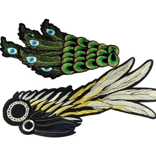 Diy Green Peacock Wings Applique Big Patches Feathers Embroidery Fabric Sew on Patches Brordados Pararopa Decoration Accessories