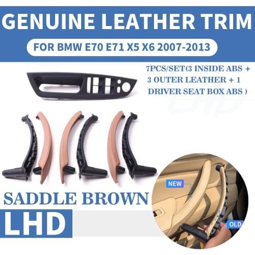 Saddle Brown Genuine Leather Car Front Rear / Left Right Interior Door Handle Inner Pull Trim Cover For BMW E70 E71 X5 X6 07-13