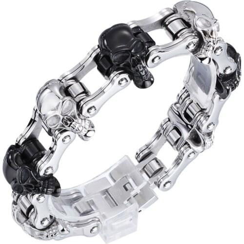 High Quality Punk Jewelry Boys Mens Chain Skull Black Silver color Tone Biker Motorcycle Link 316L Stainless Steel Bracelet