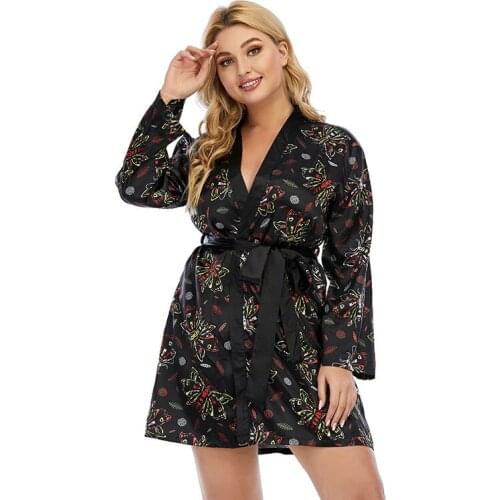 XL To 5XL Plus Size Nightgown Imitation Silk Satin Butterfly Graffiti Pajamas Long Sleeve Women Robes T8815
