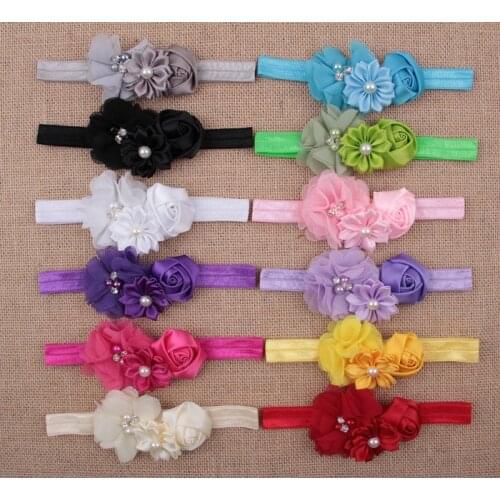 Yundfly 12pcs Fashion Stain Rose Pearl Chiffon Flower Rhinestone Headband Fashion Handmade Children Headwear Photography Props