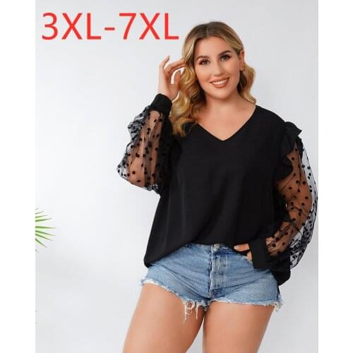 New 2021 Summer Plus Size Tops For Women Large Blouse Long Sleeve Loose Casual Black Ruffle V-neck Shirt 3XL 4XL 5XL 6XL 7XL