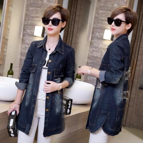 The new plus size 2018 womens loose long section of the Spring and Autumn single-breasted fashion denim jacket TB1899