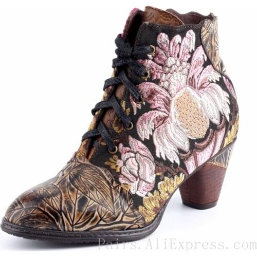Handmade Embroidered Flowers Silk and Genuine Leather Boots for Women Luxury Vintage Shoes 6cm High Block Heels Big Size 36-42