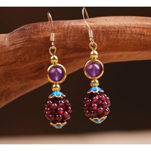 Auspicious Symbols Earrings Vintage Natural Amethyst Rough Stone Hanfu Dangle Earrings Handmade Pendant Jewelry Gift for Mother