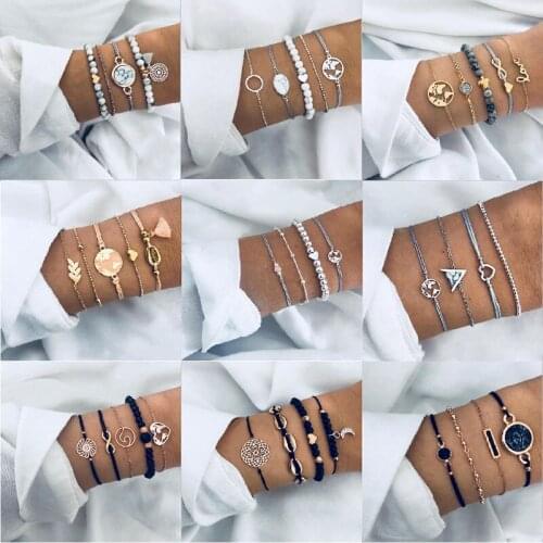 1 Set Bohemian Bracelet Set for Women Fashion Vintage Heart Compass Beads Chains Bangle Bracelets Jewelry