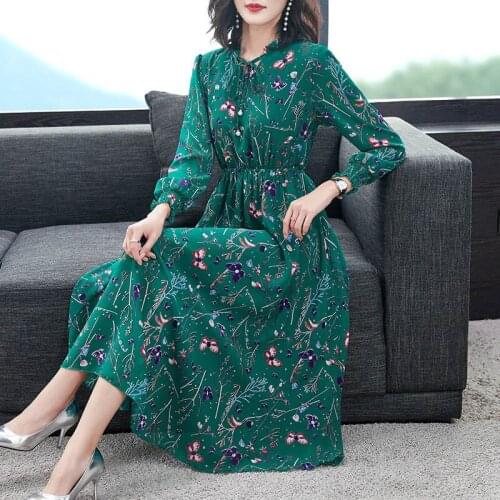 New 2021 Spring Autumn Korean Fashion Retro Chiffon Floral Dress Long Sleeve O-neck Women Lace-up Mid-calf A-line Dresses Y380