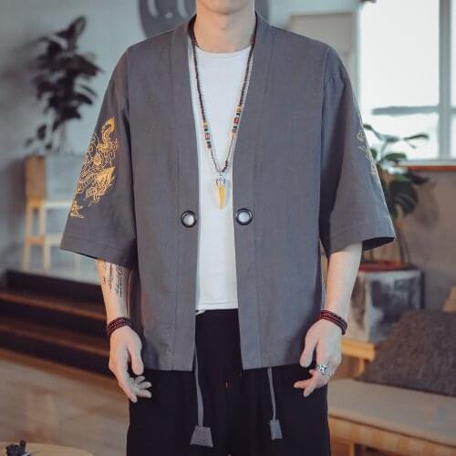 #7916 Black Grey Red Blue Cotton Linen Kimono Jacket Men Plus Size 5XL Loose Vintage Men Jacket Cardigan Coat Thin Spring Summer