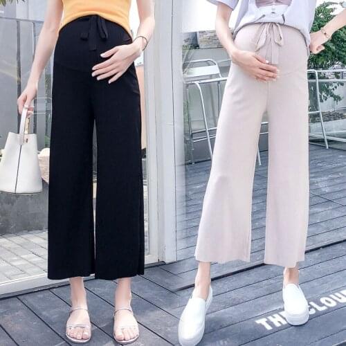 Drawstring waist pregnant women wide-legged belly pants mother fashion knitting trousers maternity straight work pants loose