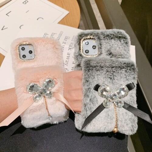 For iphone11Pro Max winter hand warm plush phone case for Xs Max / XR / 8/7/6 / 8P wristband bow rhinestone protective sleeve