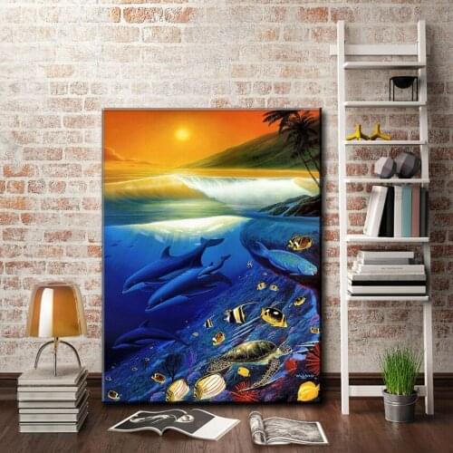 Cartoon animal dolphins turtle fish sea wave scenery oil painting canvas printings printed on canvas wall art decoration picture