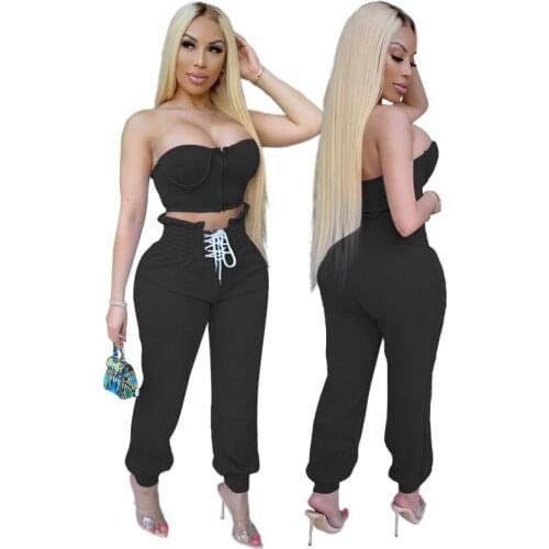 Fashion Casual Two Piece Set Women Summer Tracksuit Sets High Waist Long Pants +Front Zipper Strapless Tops Female Sportswear