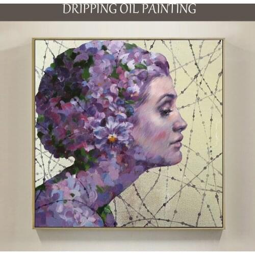 Excellent Wall Art Hand-painted Modern Art Portrait Violet Lady with Flower on Head Oil Painting Beauty Lady Figure Oil Painting