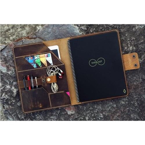 Rustic genuine leather cover portfolio folder organizer for Rocketbook Everlast Erasable Wirebound Notebook Letter Size